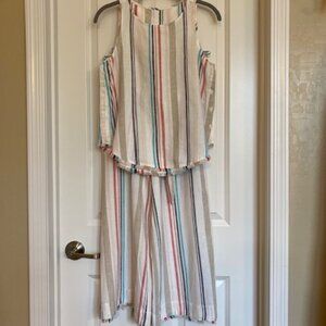 Drew Linen Blend Sleeveless Top and Cropped Pants Set Ivory Striped Multi XS